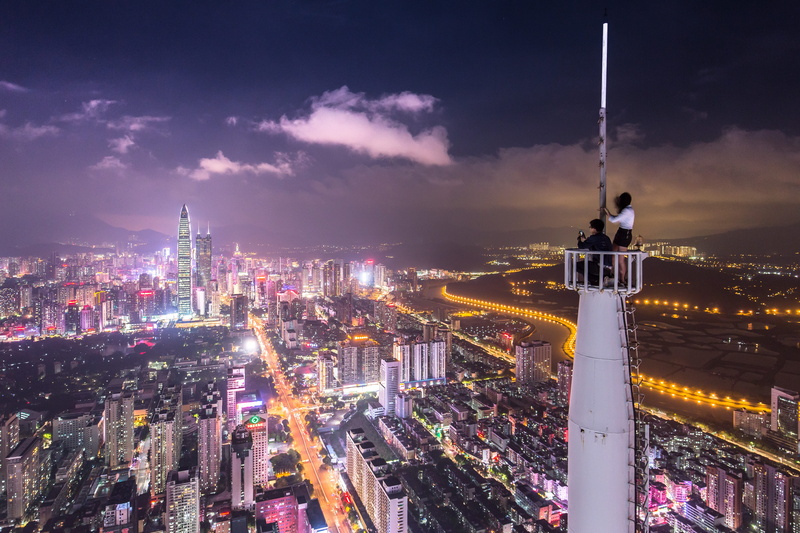 white, built structure, streets, evening, financial district, cloud - sky, nighttime, people, couple, no people, illuminated, high angle view, building