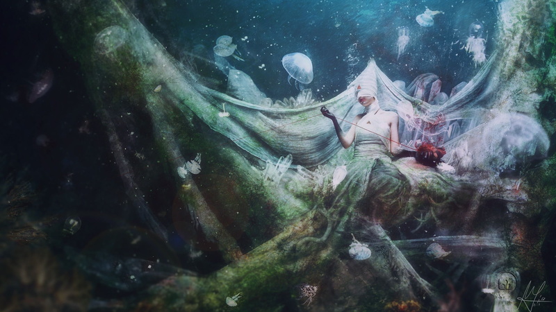 surreal, underwater, white dress, Mario Sanchez Nevado, women, heart, fantasy art, 2K, digital art, fish, jellyfish, nature
