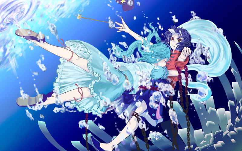 representation, low angle view, blue background, Anime, dancing, arts culture and entertainment, 2K, blue, women, sky, nature, human representation, miyako yoshika
