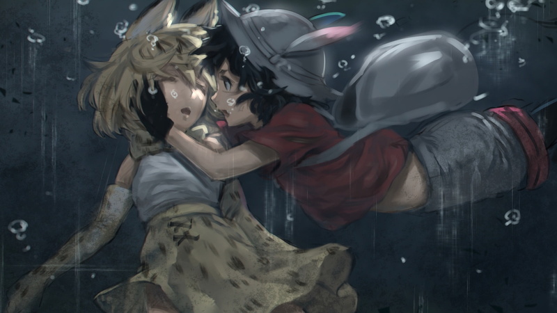 three quarter length, indoors, standing, cat girl, females, hairstyle, side view, one person, bubbles, Anime, animal ears, adult, women, child, drowning