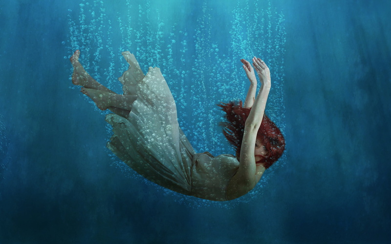to the bottom, dip, air bubbles, ко дну, dress, depth, diving, girl drowning, red hair, 2K, девочка тонет