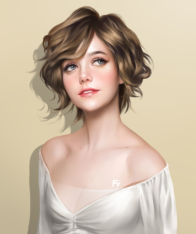 portrait display, white dress, digital art, women, Tanakit Boukom, dress, white clothing, digital painting, white eyes, brunette, young woman, 1080P, artwork