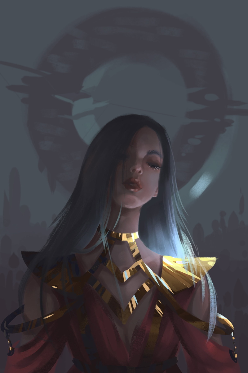 Meghan Quwo, makeup, dress, frontal view, digital art, ArtStation, red clothing, portrait display, portrait, Long Neck, fan art, women, dark hair, artwork