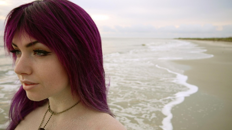 laura brehm, vocalist, leisure activity, women, hairstyle, adult, nature, 1080P, beauty, waves, ocean, foam, sea, outdoors, purple hair, land, Girls, beautiful woman