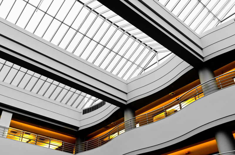 balconies, modern, ceiling, modern office, 4K, modern building, sunlight, property, illuminated, architectural, low angle view, skylight, no people, geometric shape
