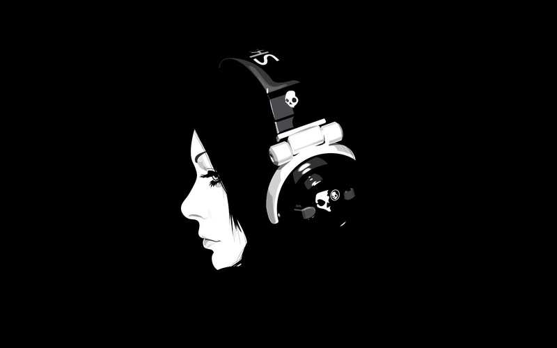 art, headphones girl, girl, hd, 1080P, black, x, headphones, background, Skullcandy, monochrome