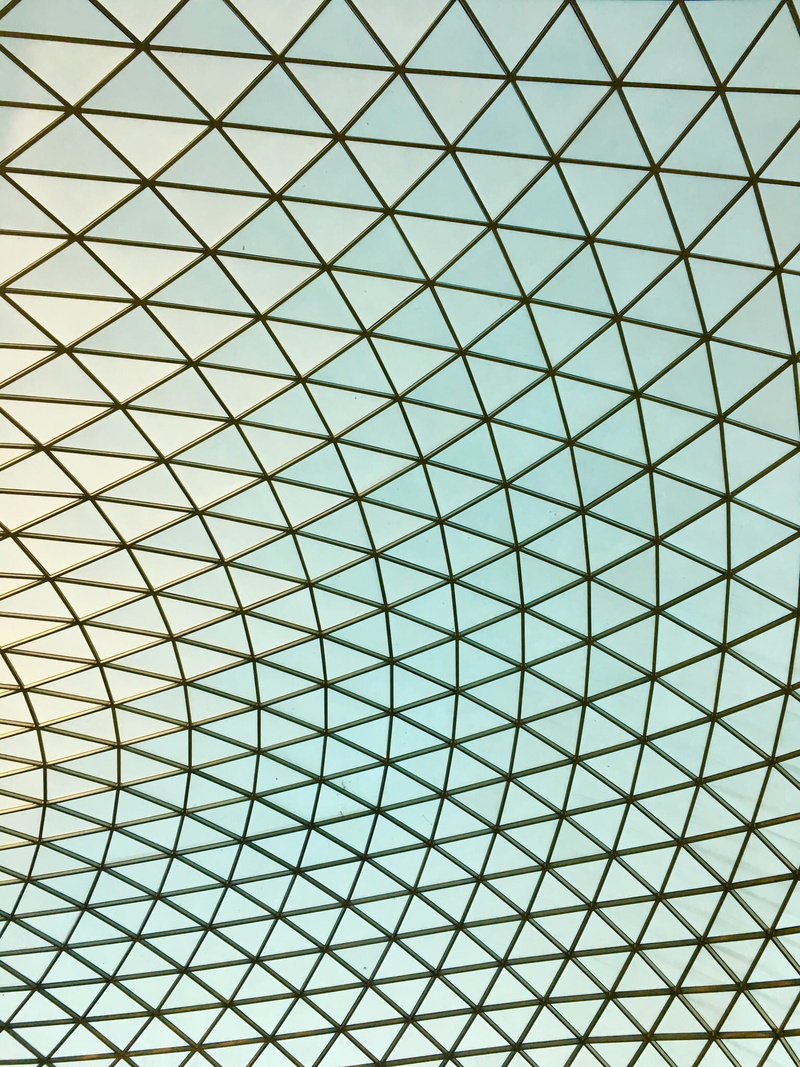 architectural feature, geometric shape, modern, day, ceiling, grid, low angle view, untitled, no people, black, skylight, teal, textured, indoors, crisscross