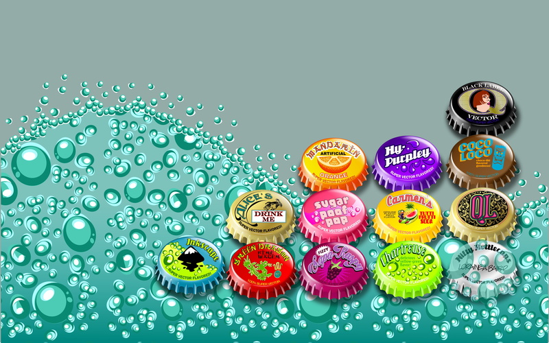 bottle, large group of objects, food, pattern, digital, refreshment, bright colors, choice, water, bubbles, blue background, backgrounds, abundance, colored background