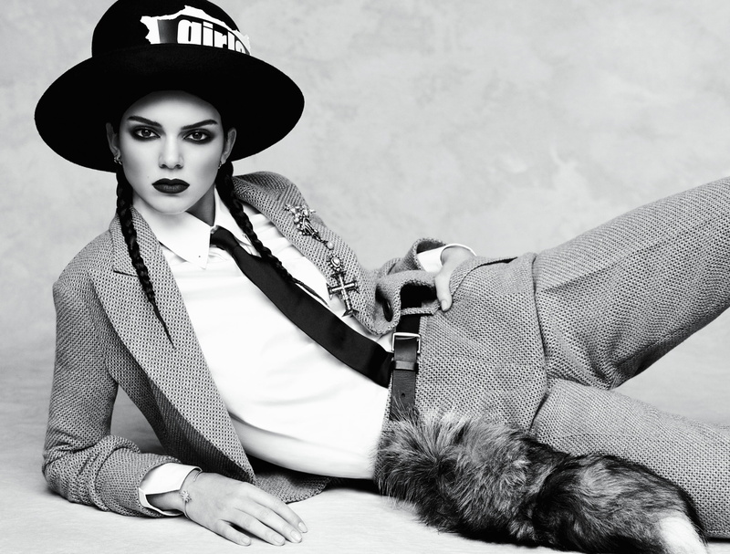 jacket, hat, photoshoot, Vogue, lies, tie, hairstyle, posing, brunette, model, pants, on the floor, black and white, braids, makeup, Kendall Jenner, shirt