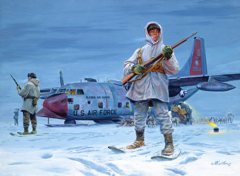 figure, man, rifle, sleds, guardians of the North, the Eskimos, dogs, 5K, standing, Mort Kunstler, air national guard, snow, Alaska, the plane, holding