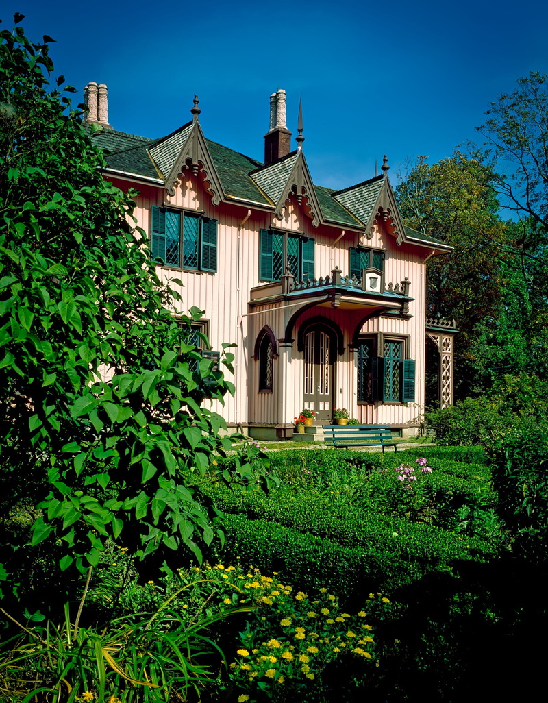 low angle view, house, woodstock, tree, outdoors, lush foliage, roseland cottage, blue, built structure, garden, connecticut, green color, architecture
