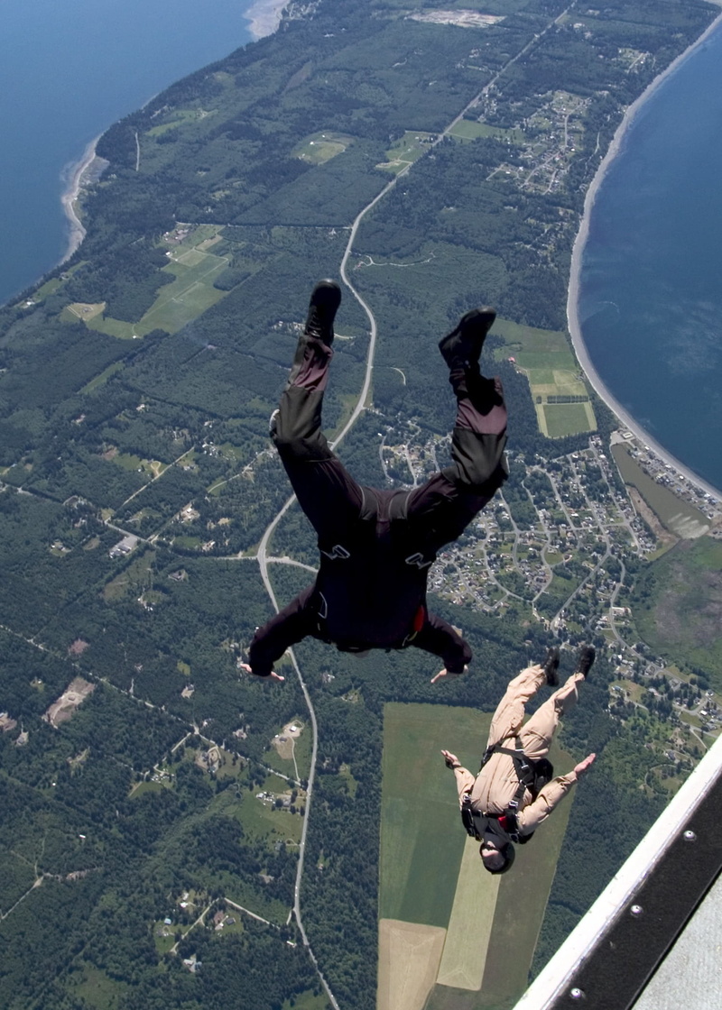 positive emotion, diving, jumper, people, water, mountain, ocean, flying, outside, Washington, aerial view, mid-air, jumping, adventure, descending, Whidbey Island