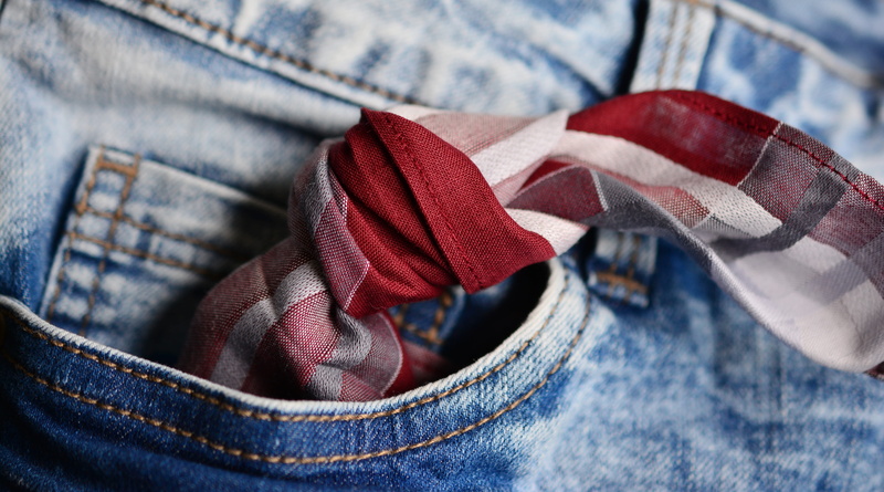 still life, rag, pocket, gray, textile, indoors, scarf, red, handkerchief, jeans, garment, denim, cotton, personal accessory, no people, memory, fashion