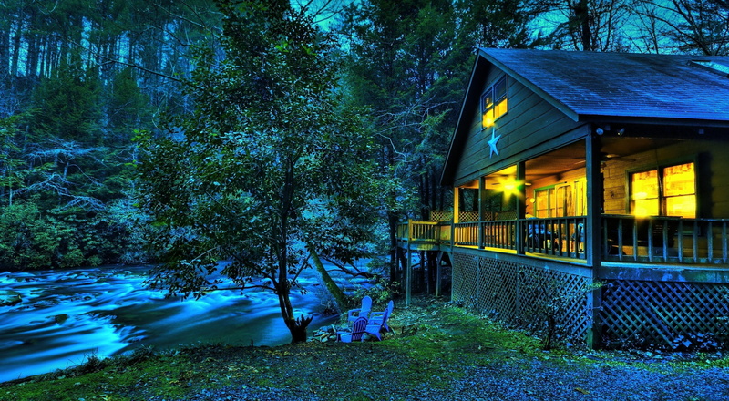 residential Building, verandah, landscape, sky, wood - Material, tranquility, non-Urban Scene, water, footpath, window, light, dusk, forest, 2K, land