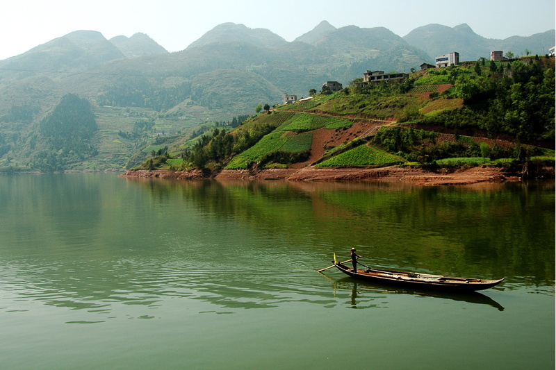mountains, black, landscape, 2K, field, canoe, the boatman, river
