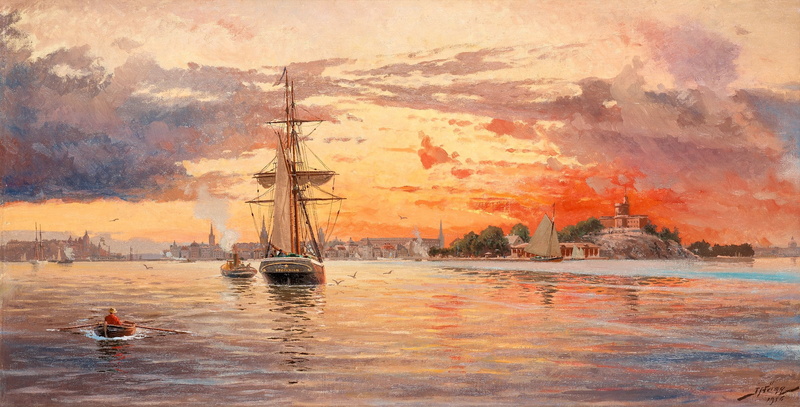 Marine painter, the boatman, Jakob Haq, 2K, Sunset over the sea near Stockholm
