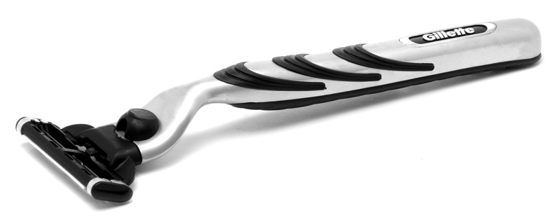 studio shot, close-up, cut out, high angle view, 2K, industry, single object, mach 3, shaver, grey, text, gillette, no people, black, indoors, white background