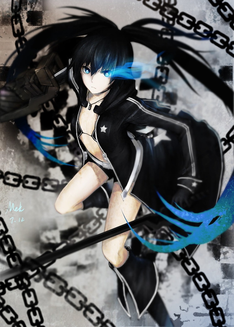 anime girls, blue eyes, long hair, necklace, twintails, anime, 720P, weapon, jacket, floating, Black Rock Shooter