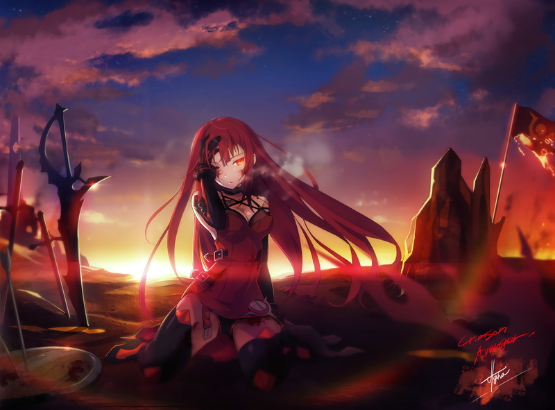 open shirt, sword, redhead, anime, 2K, weapon, Crimson Avenger, red eyes, anime girls, Elsword, long hair, blood, stockings