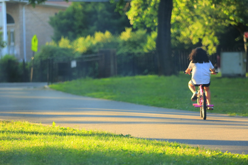 sunset, land vehicle, plant, outdoors, full length, day, child, tree, bike, tree wood, transportation, grass, one person, motion, real people, shadow, ride