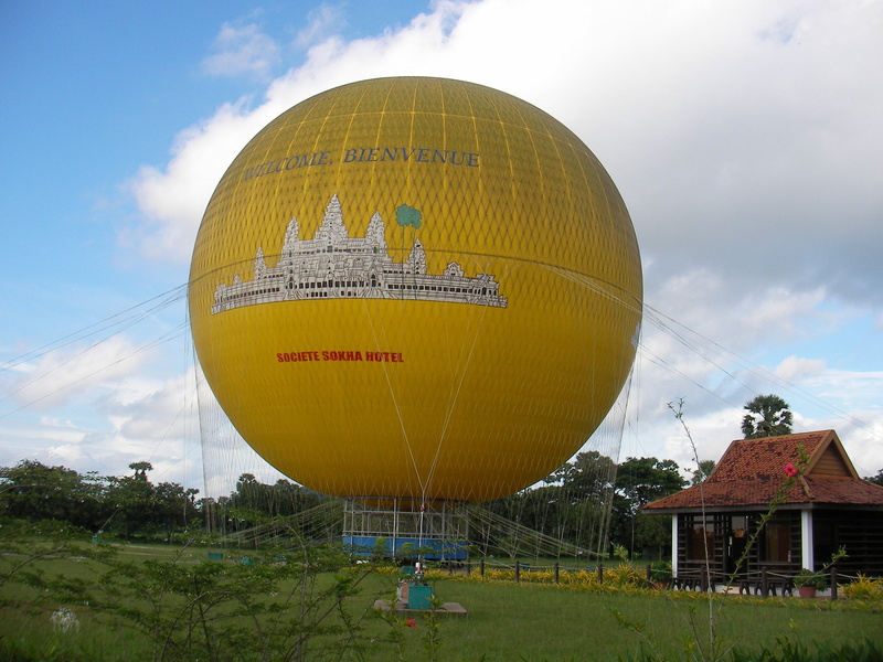 cloud - sky, sphere, blue sky and white clouds, travel, cambodia, building, nature, landscape, architecture, tree, transportation, 2K, balloon, day, plant