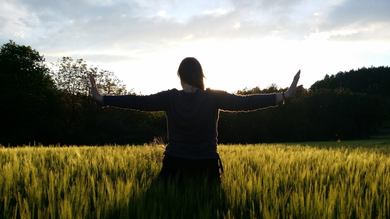 standing, silhouette, grass, three quarter length, sunlight, beauty in nature, one person, lichtspiel, land, sky, rear view, real people, landscape, limb