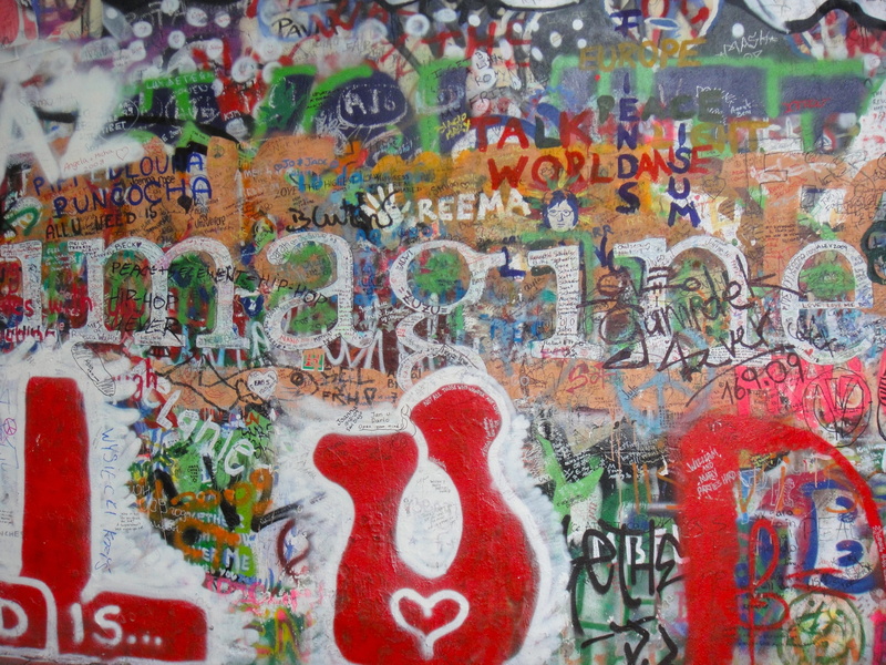 art and craft, text, western script, backgrounds, street art, wall - building feature, non-western script, Prague, red, John Lennon, full frame, creativity