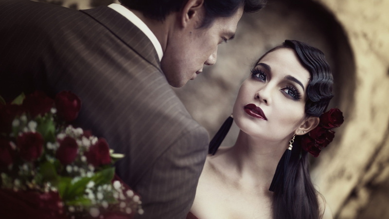 men, couple, 1080P, fashion photography, long eyelashes, women, flower in hair, brunette, makeup, smoky eyes, vintage