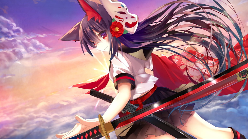 day, flag, women, one person, Original, motion, flying, nature, sky, 1080P, clothing, multi colored, Katana, cloud - sky, demon - fictional character