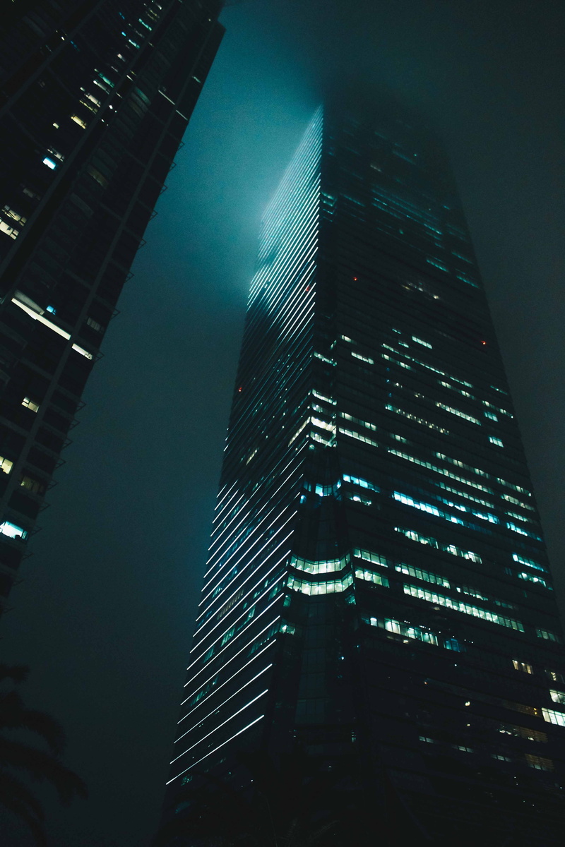 night, tall, outdoors, glass, illuminated, modern, nature, mist, built structure, 5K, urban, looking up, nighttime, office, building exterior, demonic