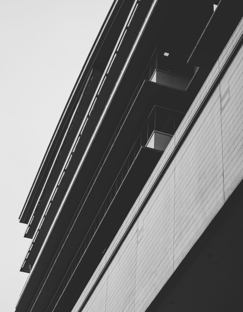 nlackandhwite, bulding, pattern, building, city, high res, banister, shapes, sky, outdoors, built structure, concrete, mood, low angle view, office building exterior