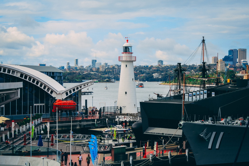 focal point, mode of transportation, modern, museum, subject, built structure, pirate, sea, day, military, cityscape, tower, australia, outdoors