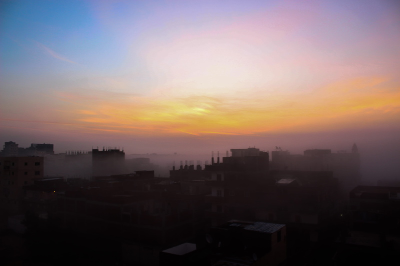 view, building exterior, sunrise, morning, building, romantic sky, orange color, smog, city life, architecture, city, 5K, cityscape, nature, office building exterior