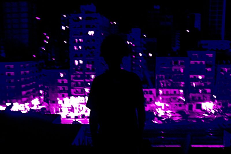 waist up, lightning, indoors, dark, city, silhouette, music, 5K, club dj, mixing, men, one person, bulding, real people, rear view, standing, architecture