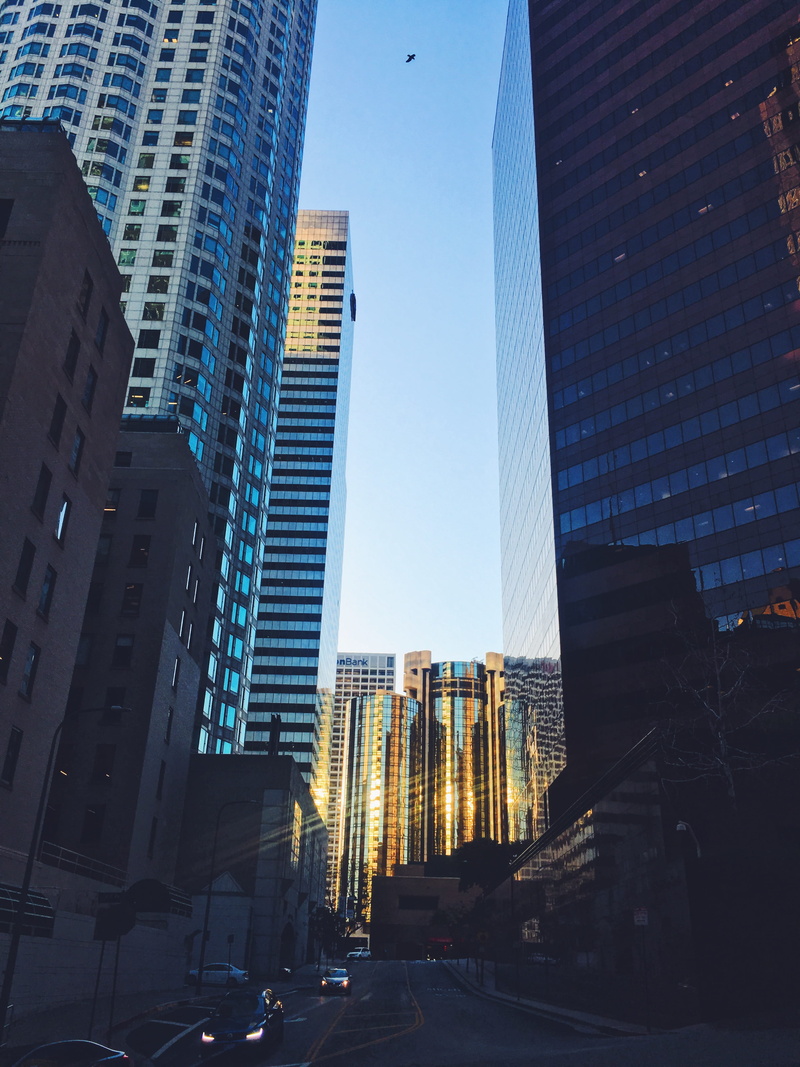 street, business, sky, buldings, busy, no people, 4K, glass, office building exterior, cars, low angle view, architecture, vibrant, dusk, city life, office