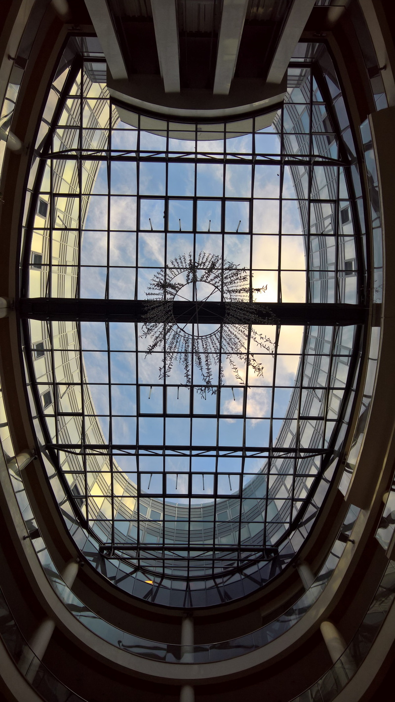 glass, sunlight, perspective, glass - material, pattern, dome, building, angle, day, indoors, ceiling, transparent, mirror, architecture and art, low, bulding