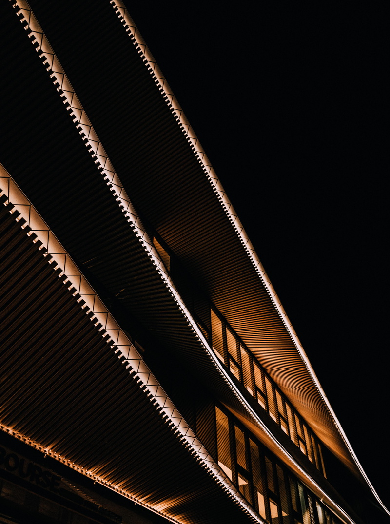 sky, perceptiv, yellow, night, perceptive, city, ceiling lights, illuminated, bulding, close-up, copy space, building, modern, white, light, interior, architecture