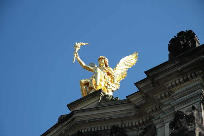sky, architecture, angel, dresden, art and craft, outdoors, gold colored, the past, architectural column, built structure, rooftop, gold, golden statue