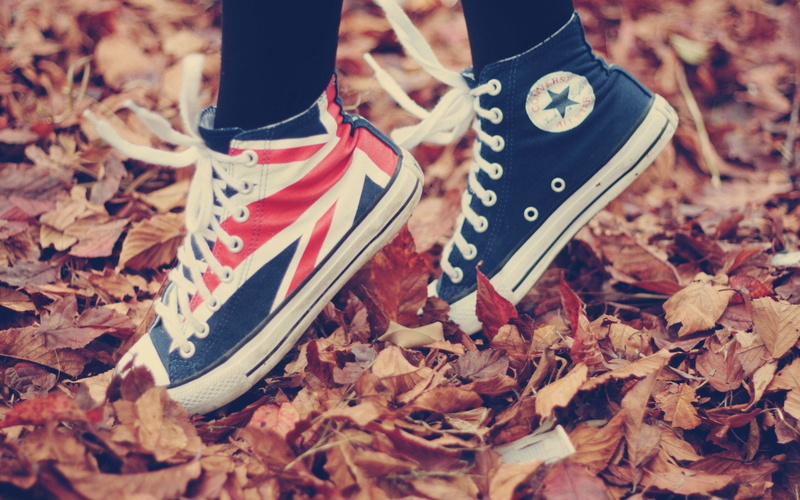 leaves, Fall, converse, Fallen leaves, 1080P, shoes, All Star, Union Jack