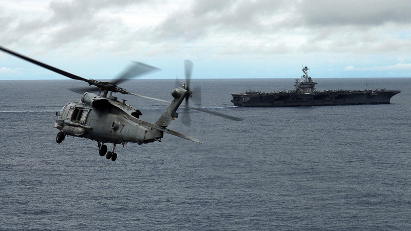 propeller, flying, ship, helicopters, horizon over water, military, nature, aggression, industry, aircraft carrier, transportation, navy, day, 1080P, sea