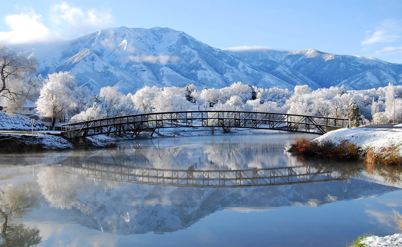 Seasons, lake, reflection, beauty in nature, Scene, bridge - man made structure, mountain range, nature, non-urban scene, Winter, snowcapped mountain, metal