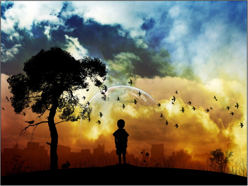 trees, landscape, sky, rabbits, digital art, children, Moon, grass, Earth, 1080P, birds