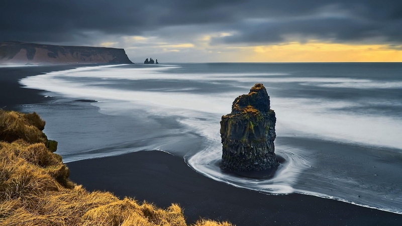 environment, sky, sunset, solid, stack, water, outdoors, scenics - nature, calm, vik i myrdal, cliff, iceland, horizon over water, cloud - sky, cloud, storm