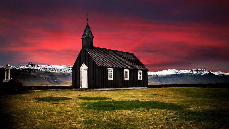 cloud - sky, snowcapped mountain, grass, pink sky, mountain, outdoors, sky, iceland, snow, belief, building exterior, architecture, red sky, 4K, spirituality