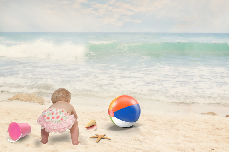 horizon over water, toy, sea, toddler, Summer, childhood, vacations, sand pail and shovel, Baby, girl, Fun, sunny, trip, girls, one person, playing, photo