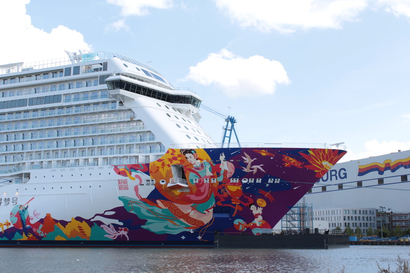 day, art and craft, creativity, passenger, tourist, outdoors, built structure, waterfront, nature, ship, cruise, travel, river, ocean, meyerwerft, multi colored