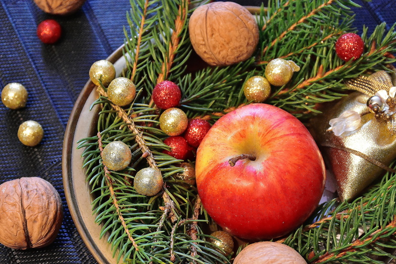 no people, still life, christmas time, customs, apple - fruit, table, wellbeing, walnuts, baubles, apple, christmas branch, christmas ornament, freshness