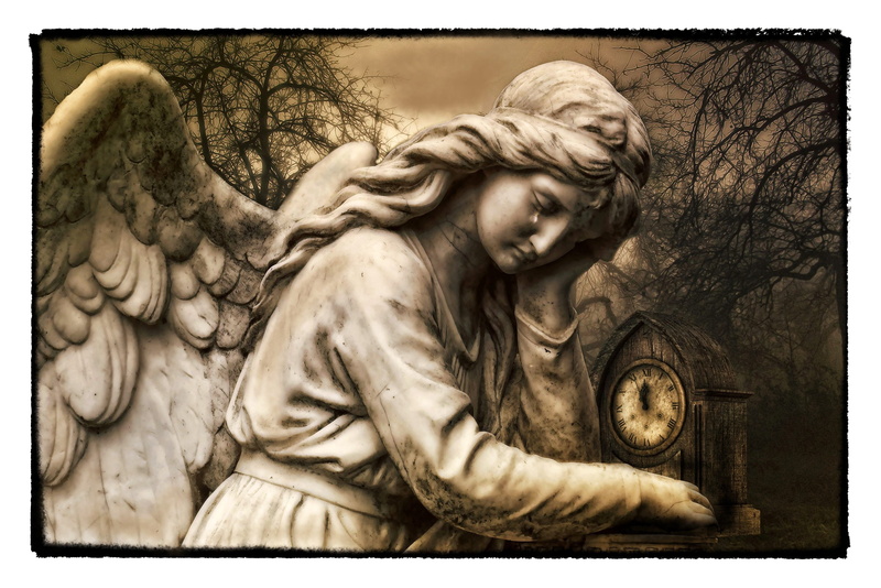 dark angel, sculpture, representation, tree, gothic, statue, clock, nature, auto post production filter, animal wing, romantic, end of life, sepia toned