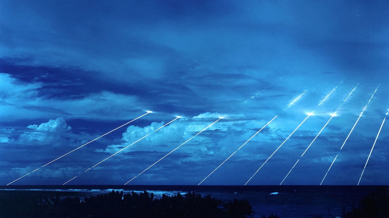 transportation, sky, storm cloud, night, dusk, missile, illuminated, test, power in nature, storm, no people, cloud - sky, exposure, blue, long, peacekeeper