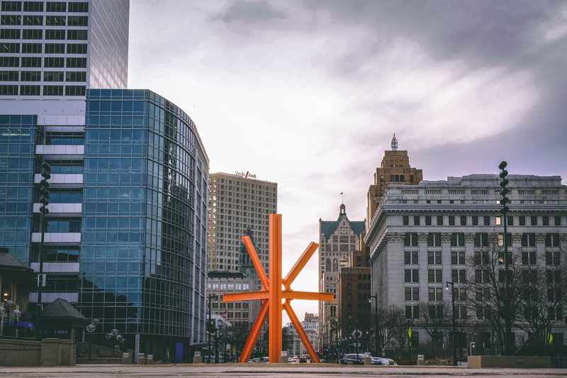 built structure, outdoors, metal, financial district, orange, travel destinations, tall - high, buildings, sky, tower, cityscape, nature, milwaukee, skyscraper